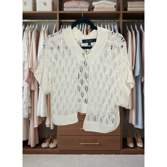 Nine West Open Knit Shrug Cardigan Women's Ivory Pointelle Short Sleeve - Picture 1 of 8